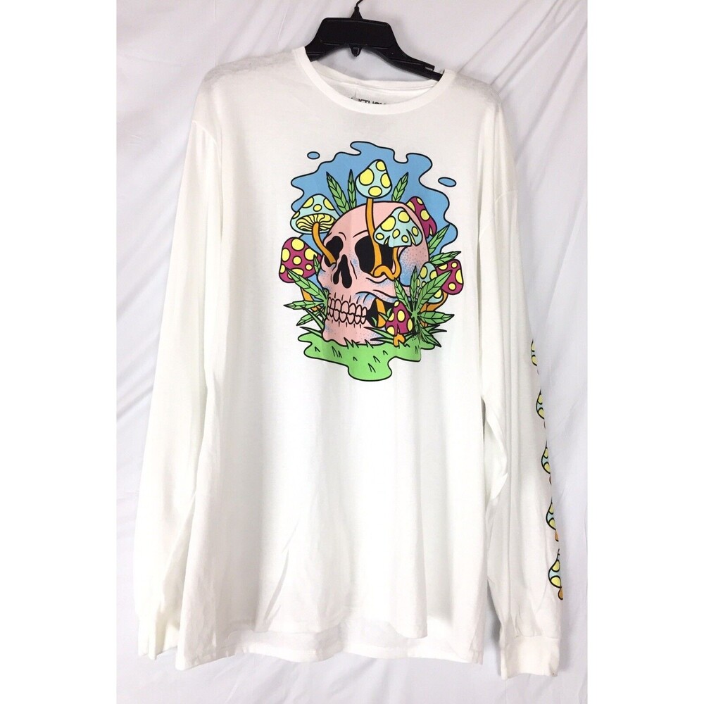 Fifth Sun Men’s Graphic T Shirt Long Sleeve Candy Skull Mushrooms White Sz L New
